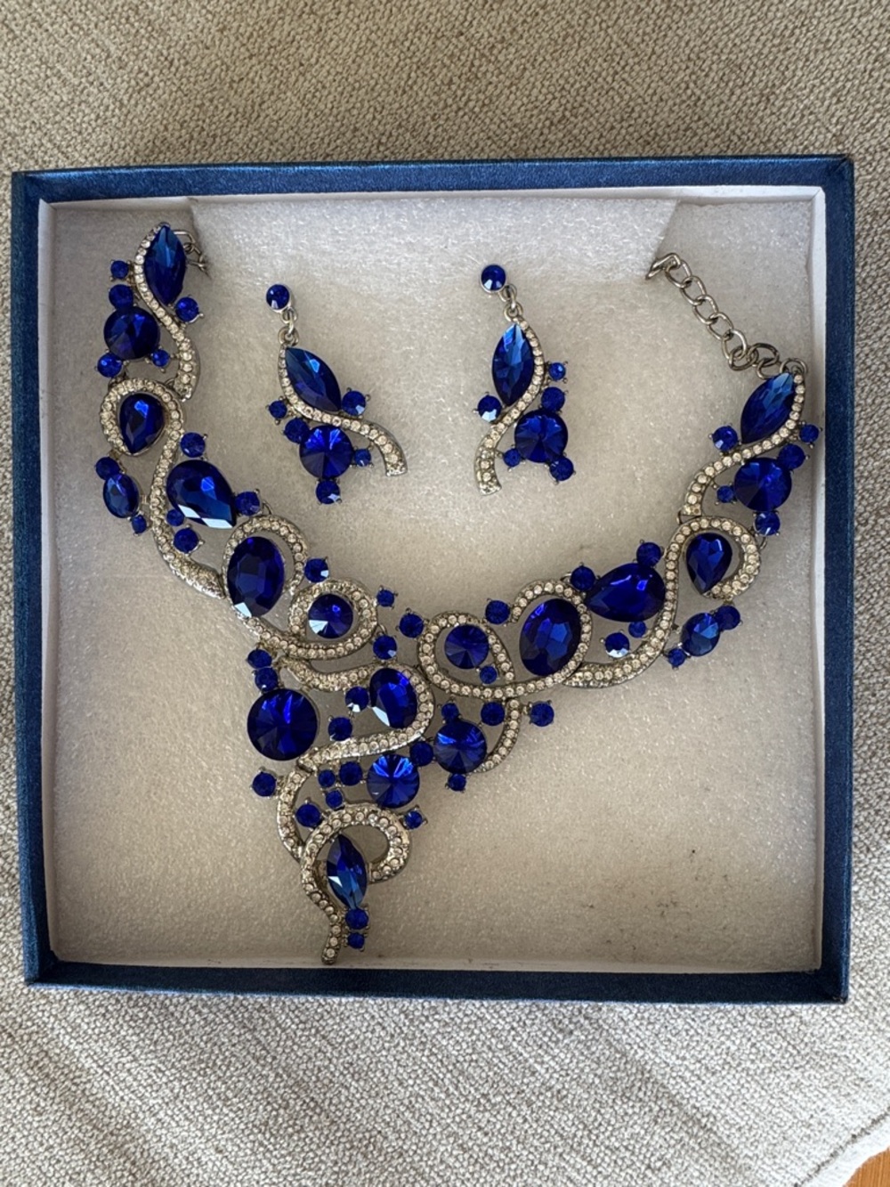 Statement Royal Blue Crystal Necklace and Earring Set - Women Jewelry Pageant
